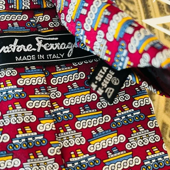 SALVATORE FERRAGAMO Silk Necktie “Tug Boat” Print Tipped Burgundy Gray 58.5x3.5 - Picture 5 of 10